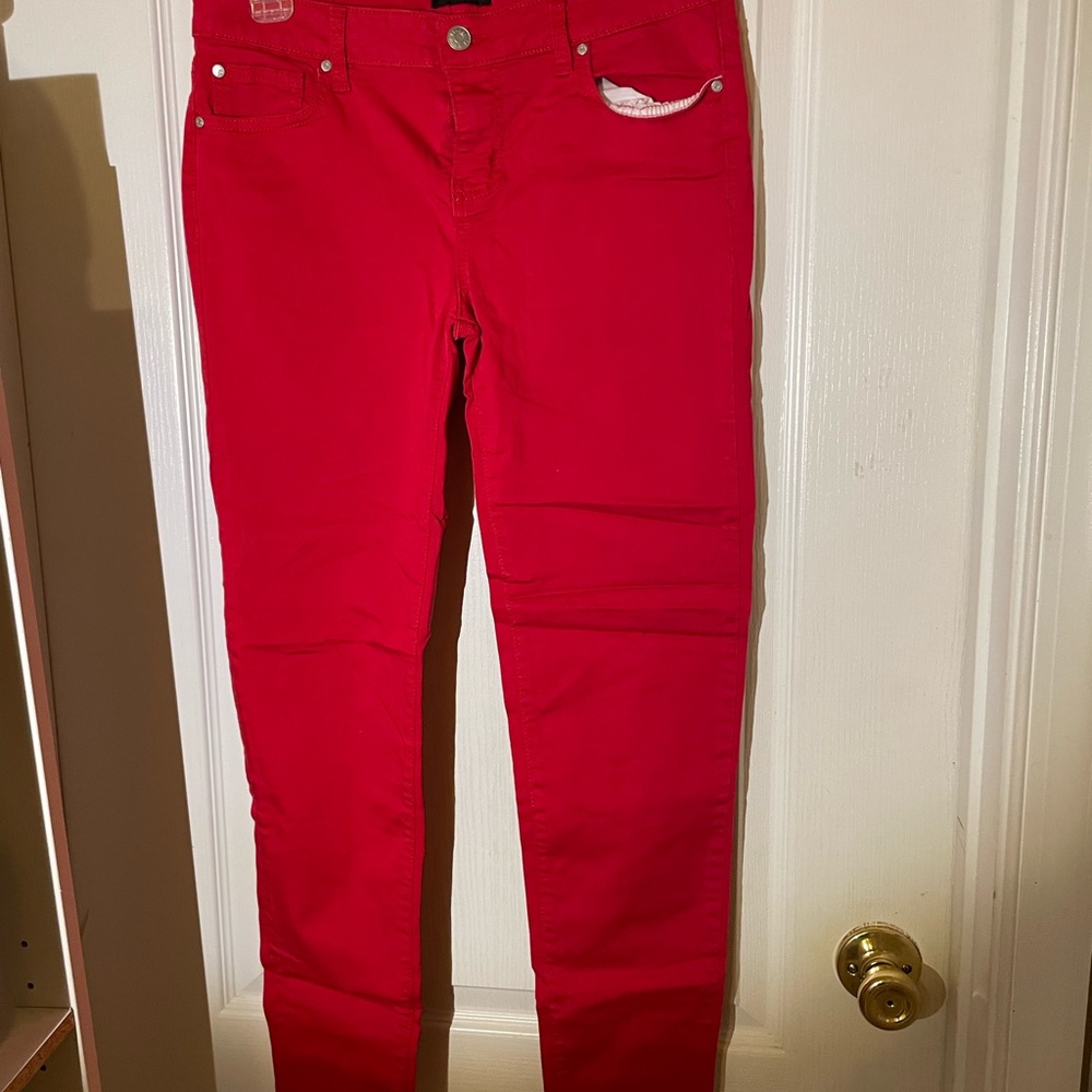 red jean pants